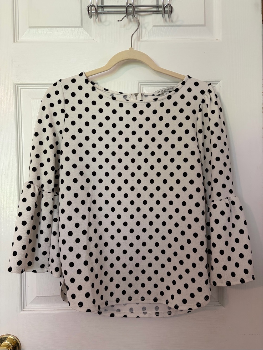 Green Envelope White Blouse with Black Polka Dots and Bell Sleeves
